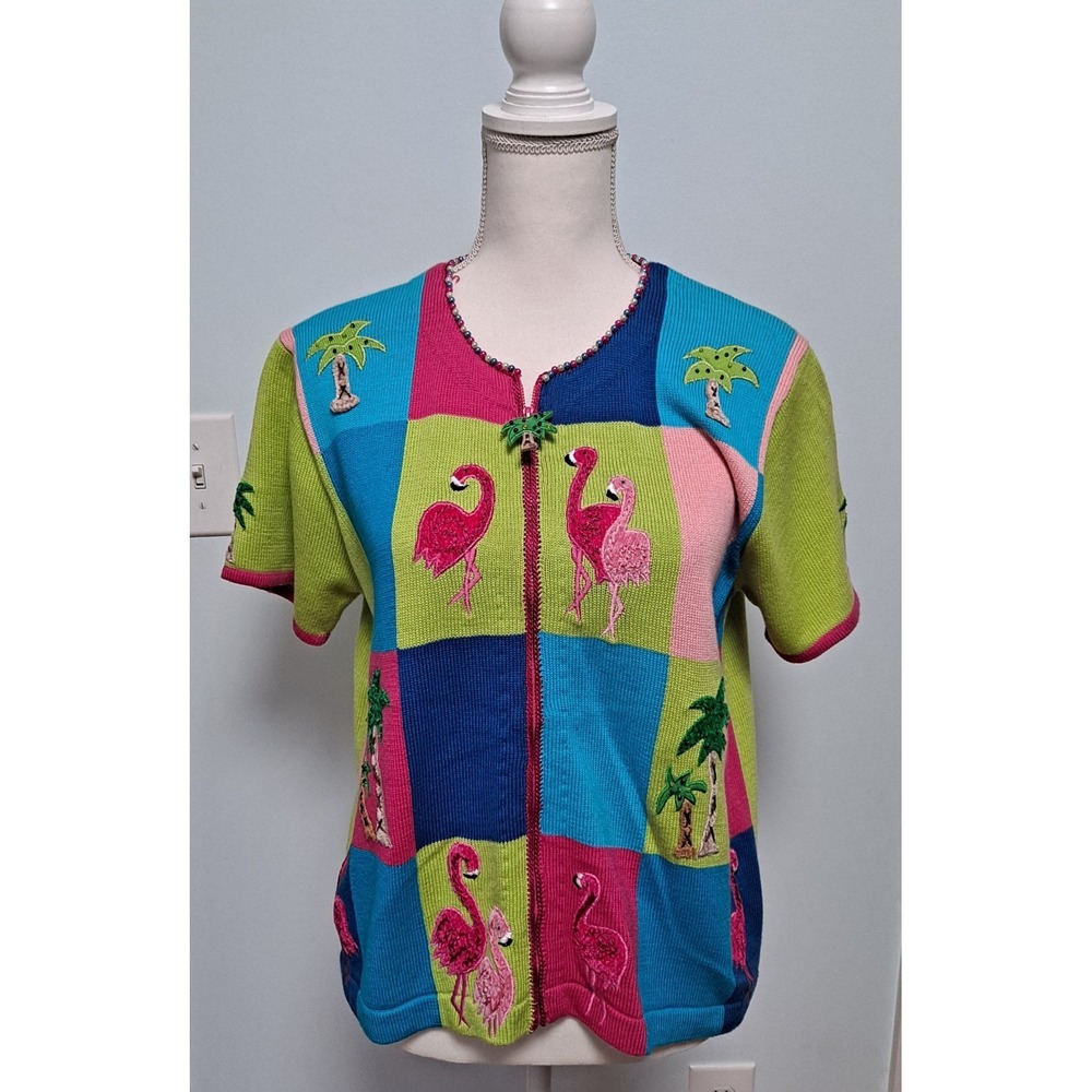 Jack B Quick Sweater Sz M Zip S/S Flamingo Palm Tropical Colo Vtg  Golden Girls